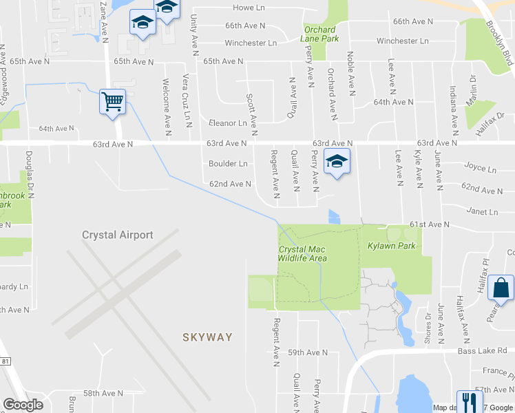 map of restaurants, bars, coffee shops, grocery stores, and more near 6125 Scott Avenue North in Minneapolis