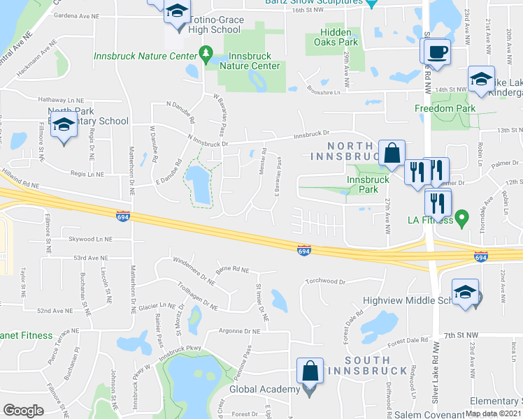 map of restaurants, bars, coffee shops, grocery stores, and more near 1641 North Brenner Pass in Fridley