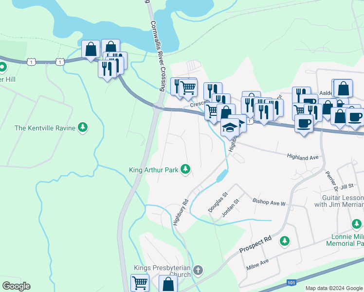 map of restaurants, bars, coffee shops, grocery stores, and more near 34 King Arthur Court in New Minas