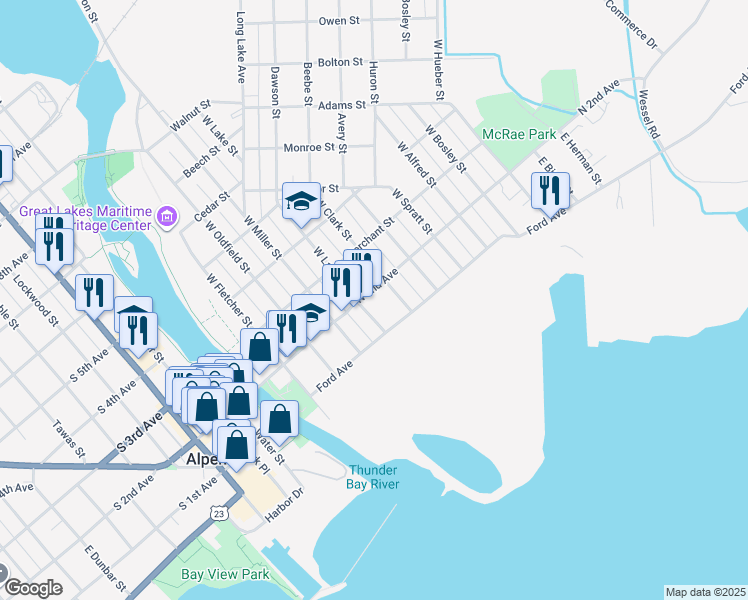 map of restaurants, bars, coffee shops, grocery stores, and more near 710 North 2nd Avenue in Alpena