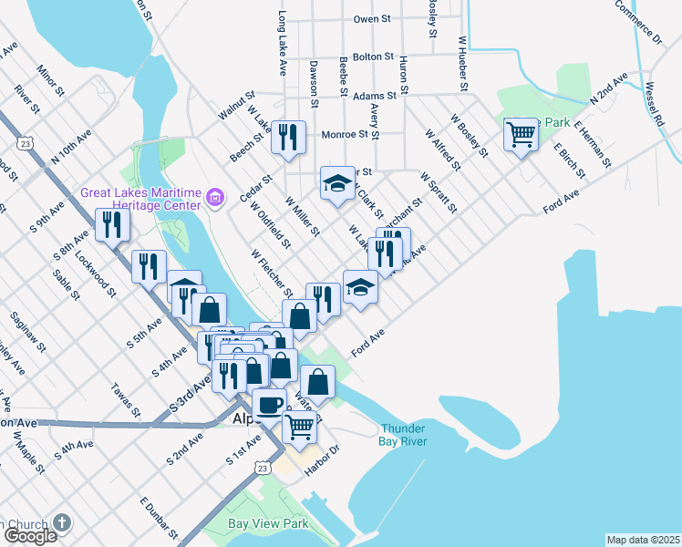 map of restaurants, bars, coffee shops, grocery stores, and more near 132 West Miller Street in Alpena