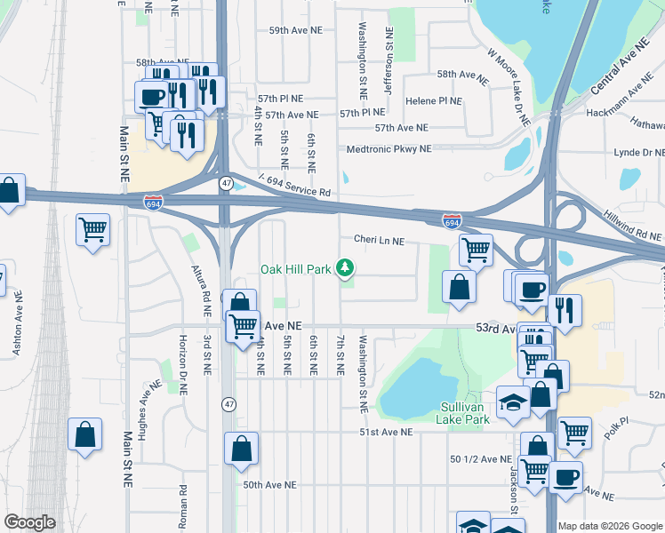 map of restaurants, bars, coffee shops, grocery stores, and more near 5390 7th Street Northeast in Fridley