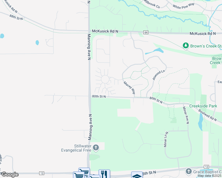map of restaurants, bars, coffee shops, grocery stores, and more near 3823 Abercrombie Lane in Stillwater