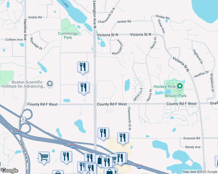 map of restaurants, bars, coffee shops, grocery stores, and more near 4134 Lexington Avenue North in Shoreview