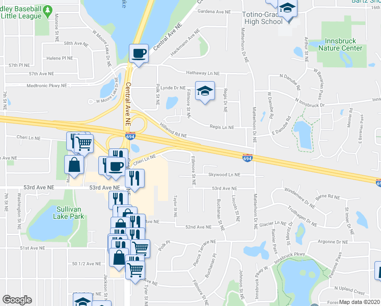 map of restaurants, bars, coffee shops, grocery stores, and more near 5310 Monroe Street Northeast in Fridley