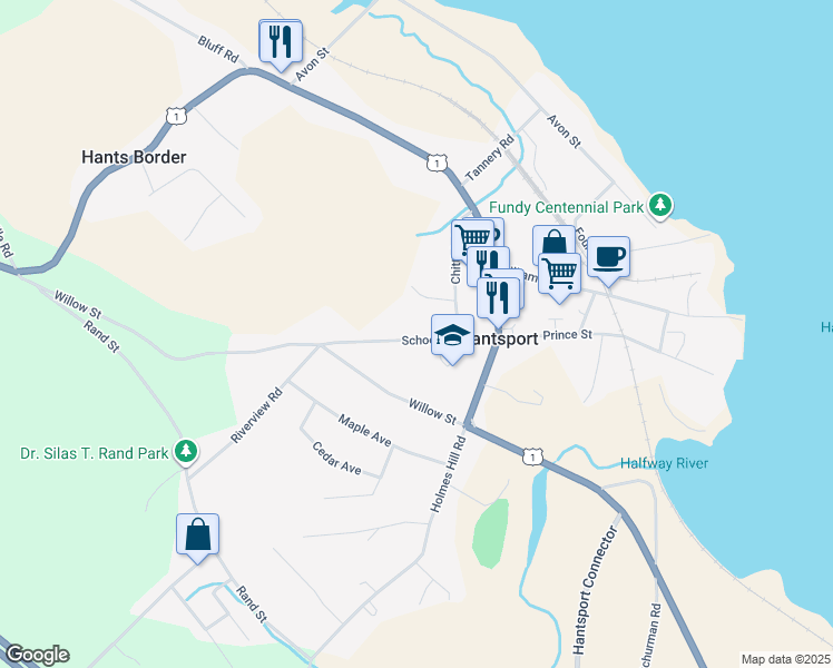 map of restaurants, bars, coffee shops, grocery stores, and more near 18 School Street in Hantsport