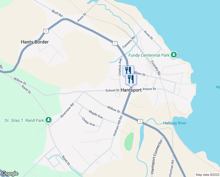 map of restaurants, bars, coffee shops, grocery stores, and more near 18 School Street in Hantsport