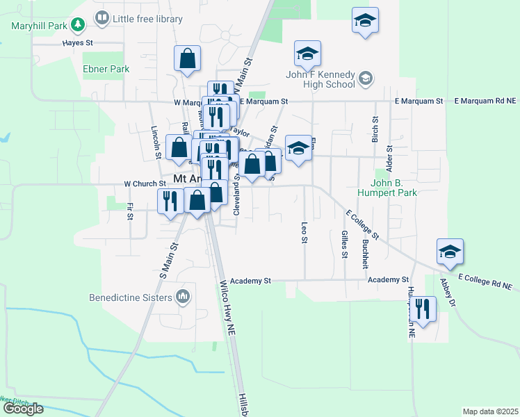 map of restaurants, bars, coffee shops, grocery stores, and more near 285 South Oak Street in Mount Angel