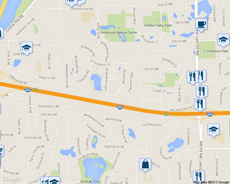 map of restaurants, bars, coffee shops, grocery stores, and more near 5422 Meister Road in Fridley