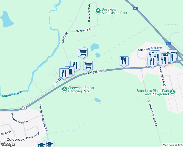 map of restaurants, bars, coffee shops, grocery stores, and more near Carriage Oak Place in Coldbrook