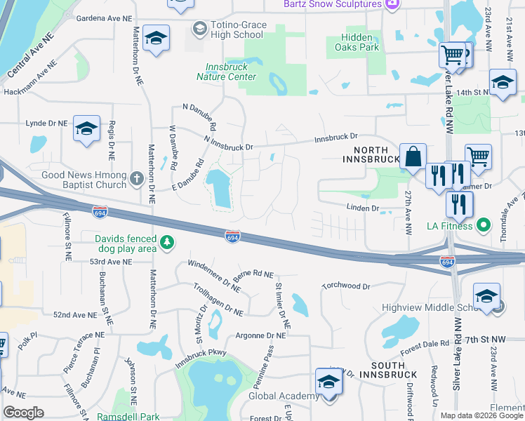 map of restaurants, bars, coffee shops, grocery stores, and more near 5409 West Brenner Pass in Fridley