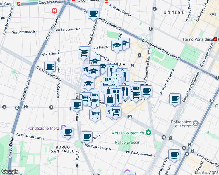 map of restaurants, bars, coffee shops, grocery stores, and more near 81 Via Dante di Nanni in Turin