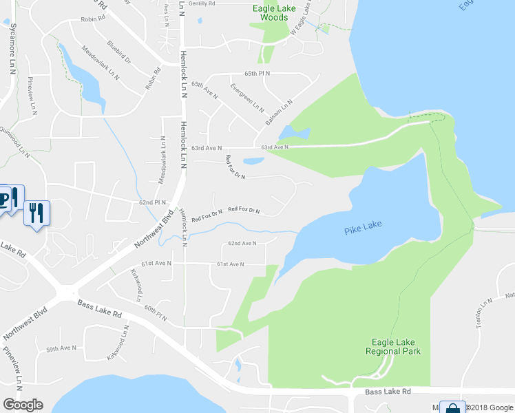 map of restaurants, bars, coffee shops, grocery stores, and more near 11724 Red Fox Drive in Maple Grove