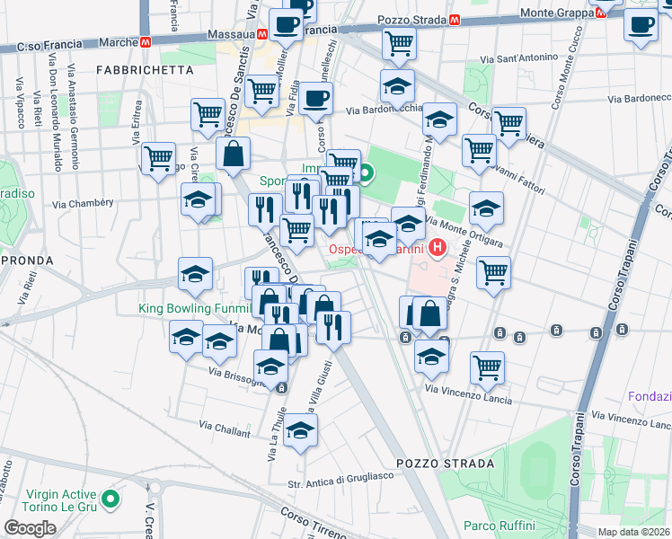map of restaurants, bars, coffee shops, grocery stores, and more near 117/A Via Francesco De Sanctis in Torino