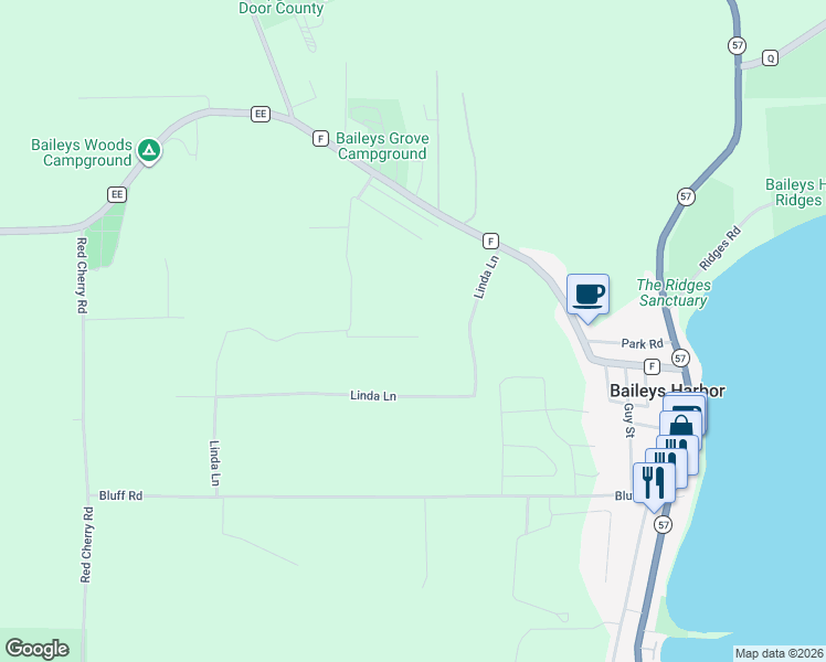 map of restaurants, bars, coffee shops, grocery stores, and more near 2526 Linda Lane in Baileys Harbor