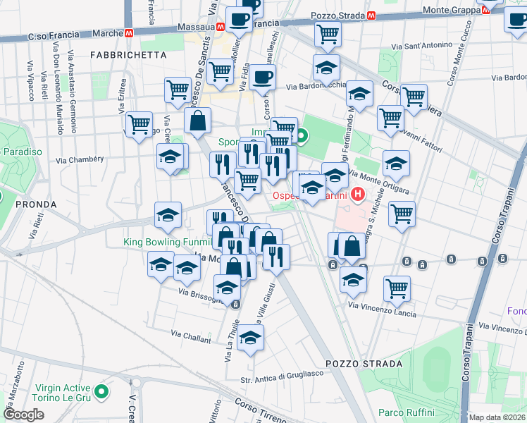 map of restaurants, bars, coffee shops, grocery stores, and more near 117/A Via Francesco De Sanctis in Torino