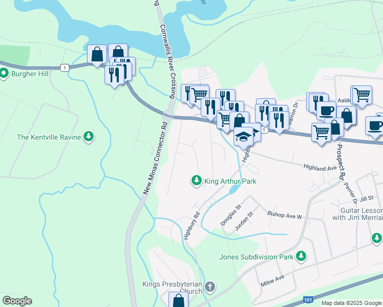 map of restaurants, bars, coffee shops, grocery stores, and more near 26 King Arthur Court in New Minas