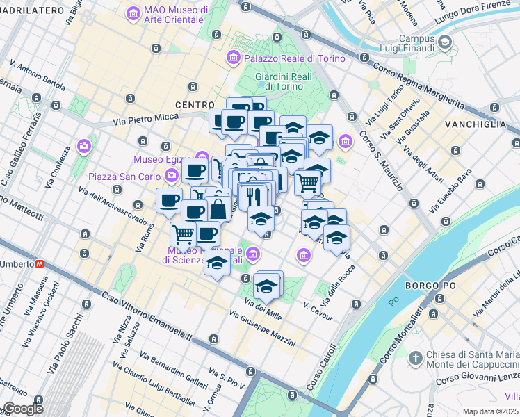 map of restaurants, bars, coffee shops, grocery stores, and more near 13d Via San Francesco da Paola in Torino
