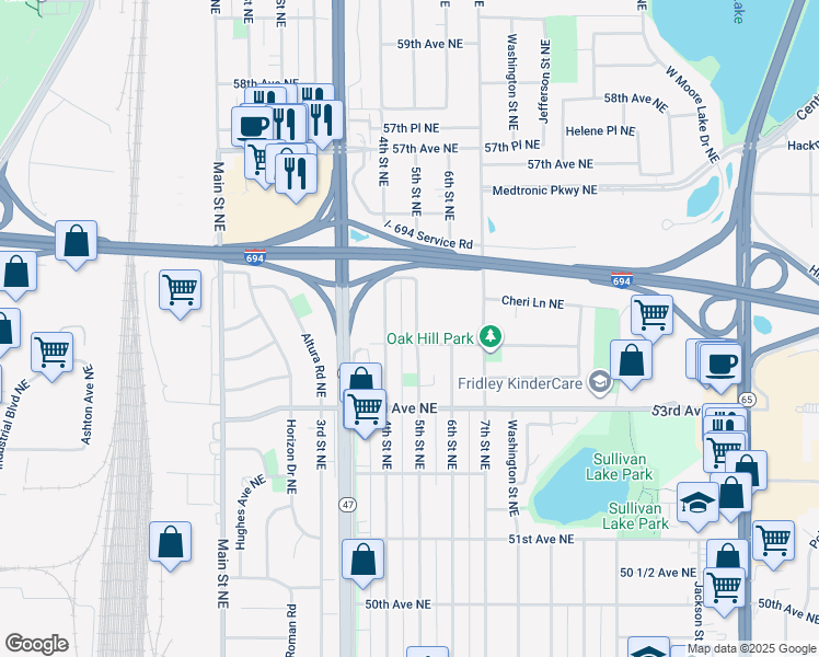 map of restaurants, bars, coffee shops, grocery stores, and more near 5410 5th Street Northeast in Fridley