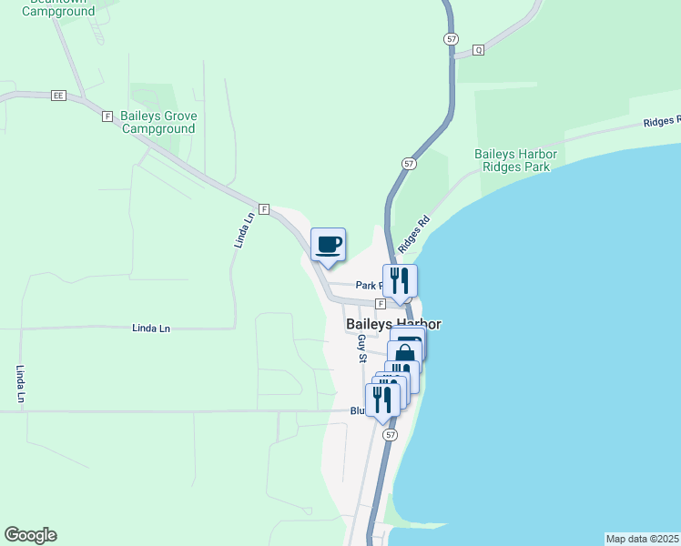 map of restaurants, bars, coffee shops, grocery stores, and more near 2423 County F in Baileys Harbor