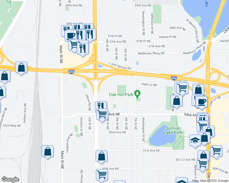 map of restaurants, bars, coffee shops, grocery stores, and more near 5370 5th Street Northeast in Fridley