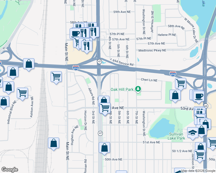 map of restaurants, bars, coffee shops, grocery stores, and more near 5380 4th Street Northeast in Fridley