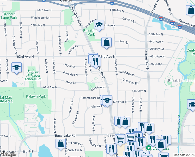map of restaurants, bars, coffee shops, grocery stores, and more near 6121 Brooklyn Boulevard in Minneapolis