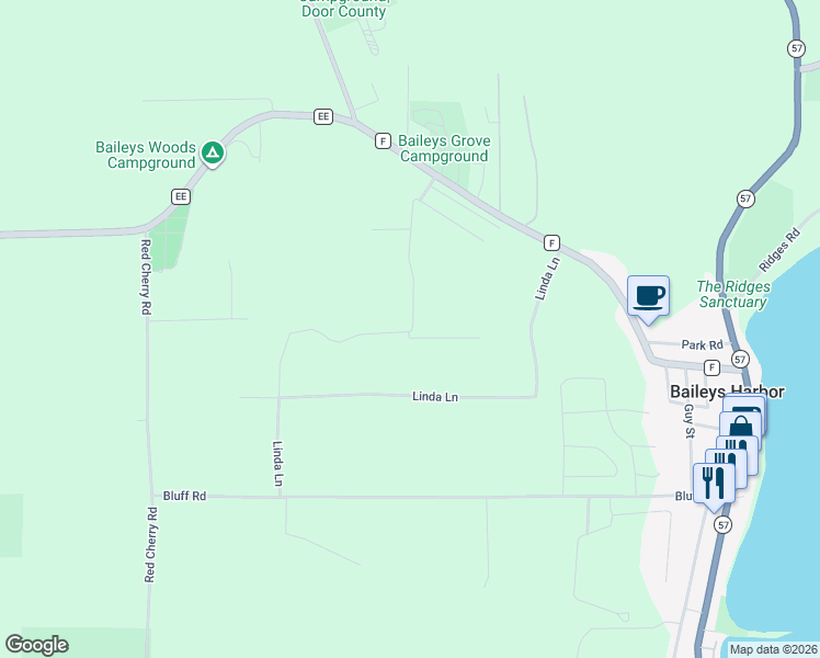 map of restaurants, bars, coffee shops, grocery stores, and more near 2566 Linda Lane in Baileys Harbor