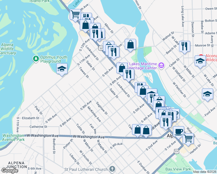 map of restaurants, bars, coffee shops, grocery stores, and more near 698 Sable St in Alpena