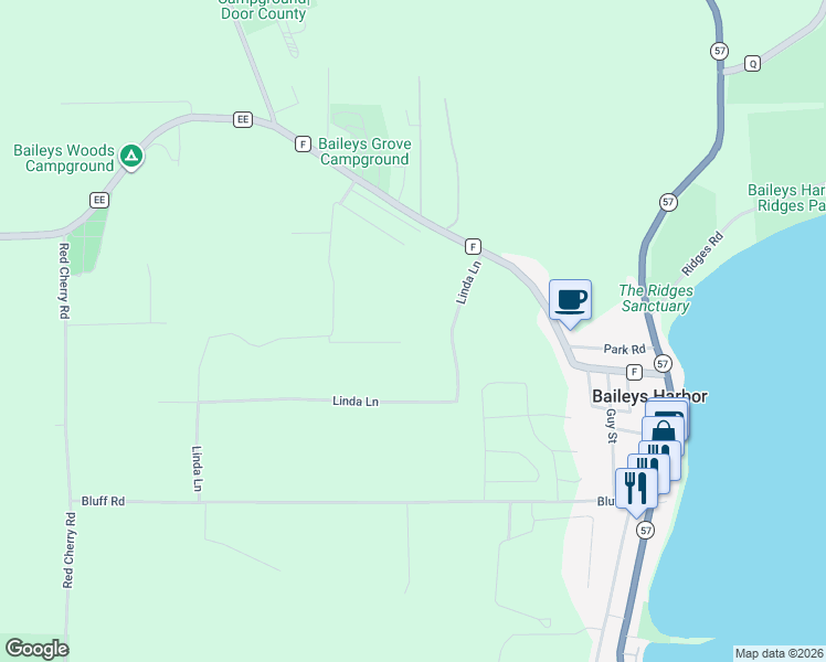 map of restaurants, bars, coffee shops, grocery stores, and more near 2507 Kwaterski Lane in Baileys Harbor