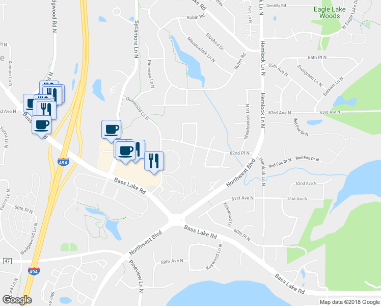 map of restaurants, bars, coffee shops, grocery stores, and more near 6231 Magnolia Lane North in Maple Grove