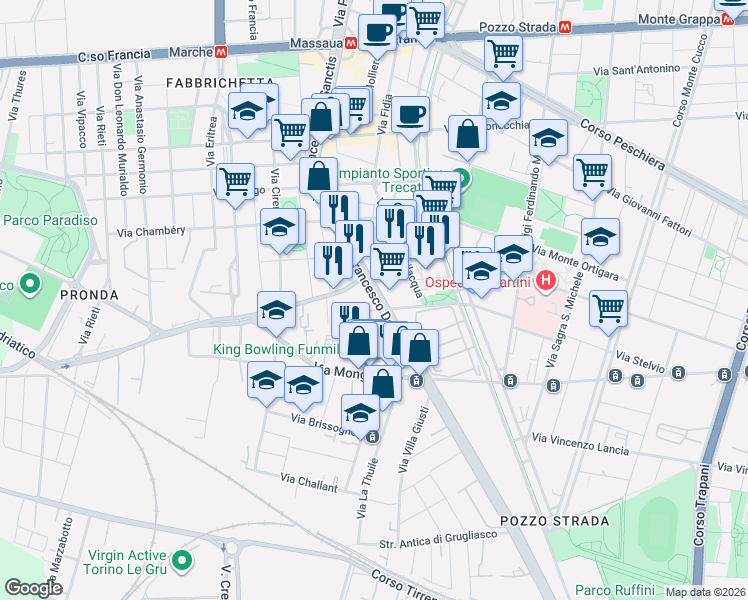 map of restaurants, bars, coffee shops, grocery stores, and more near 24 Via Mario Ponzio in Turin