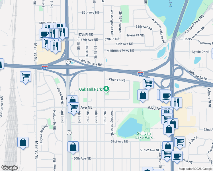 map of restaurants, bars, coffee shops, grocery stores, and more near 5460 7th Street Northeast in Fridley