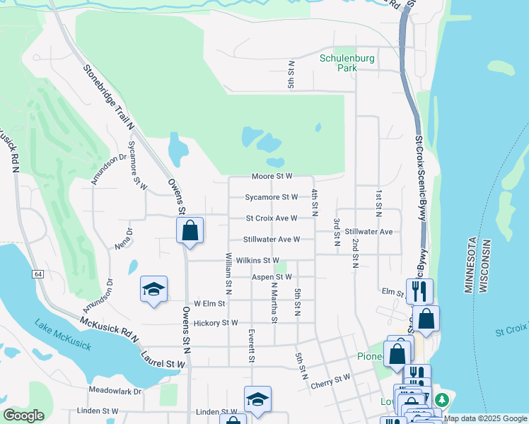 map of restaurants, bars, coffee shops, grocery stores, and more near 404 Saint Croix Avenue West in Stillwater