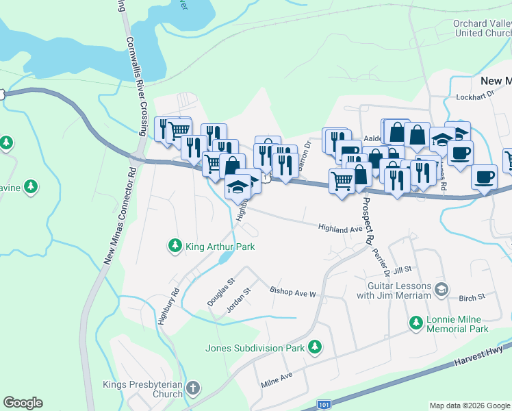 map of restaurants, bars, coffee shops, grocery stores, and more near 11 Highland Avenue in New Minas