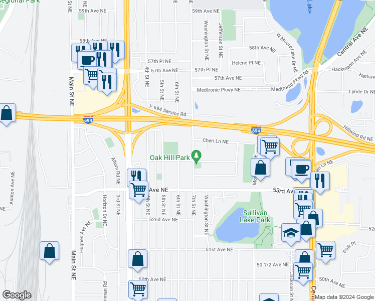map of restaurants, bars, coffee shops, grocery stores, and more near 5430 7th Street Northeast in Fridley