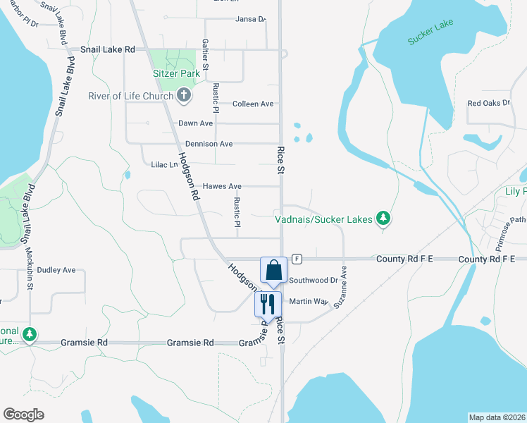 map of restaurants, bars, coffee shops, grocery stores, and more near 176 Hawes Avenue in Shoreview