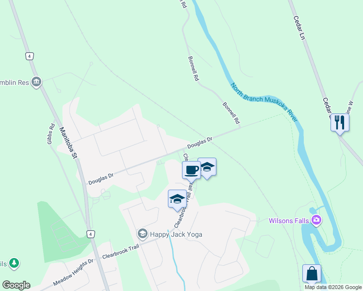 map of restaurants, bars, coffee shops, grocery stores, and more near 85 Douglas Drive in Bracebridge