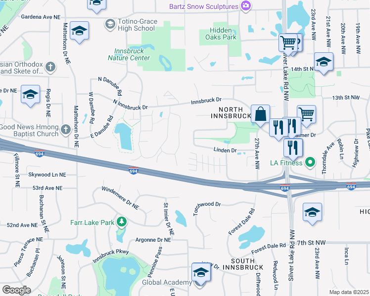 map of restaurants, bars, coffee shops, grocery stores, and more near 5512 East Bavarian Pass in Fridley