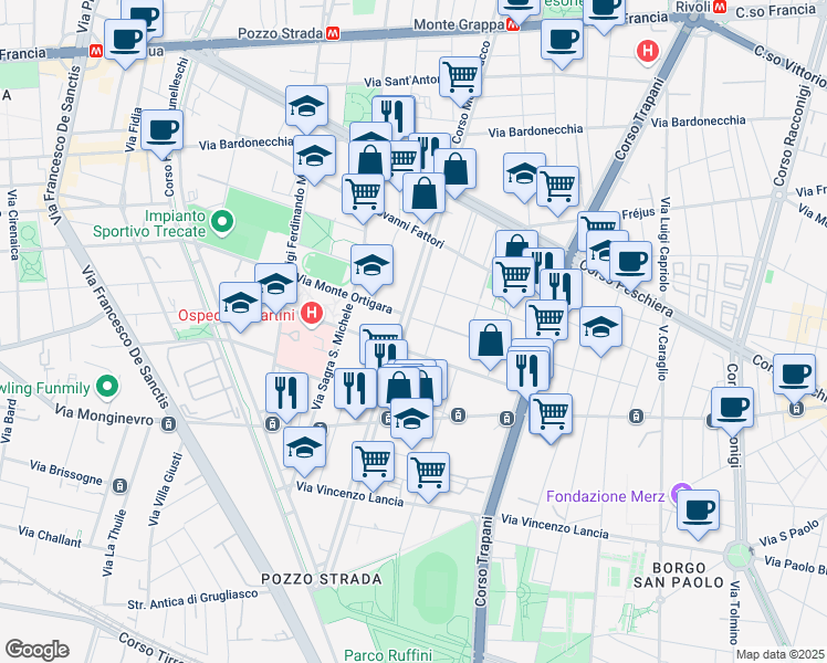 map of restaurants, bars, coffee shops, grocery stores, and more near 68-82 Corso Monte Cucco in Turin