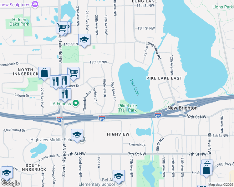 map of restaurants, bars, coffee shops, grocery stores, and more near 1170 Pike Lake Drive in New Brighton