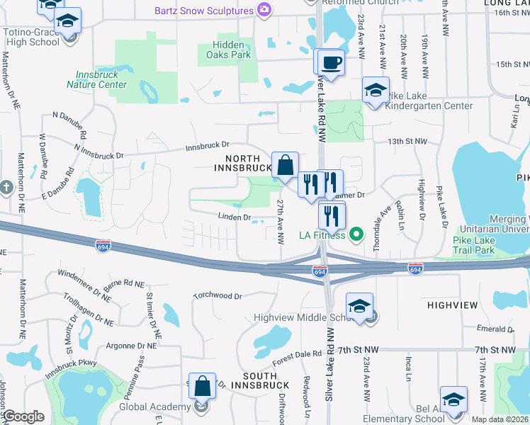 map of restaurants, bars, coffee shops, grocery stores, and more near 1150 27th Avenue Northwest in New Brighton