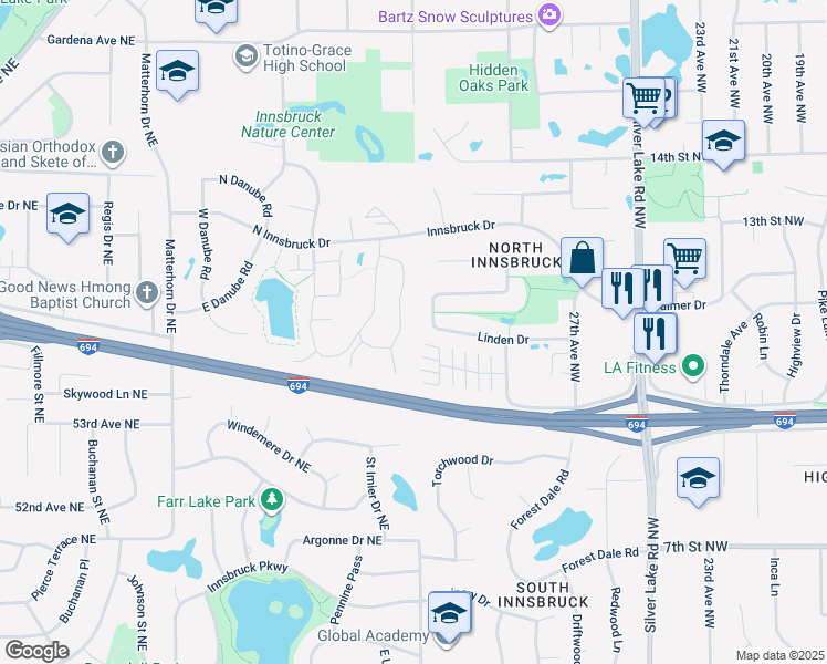 map of restaurants, bars, coffee shops, grocery stores, and more near 5512 East Bavarian Pass in Fridley