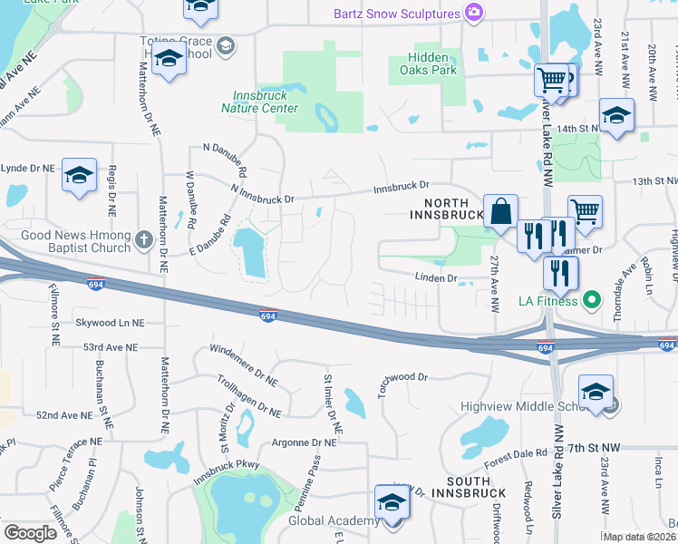 map of restaurants, bars, coffee shops, grocery stores, and more near 5512 East Bavarian Pass in Fridley