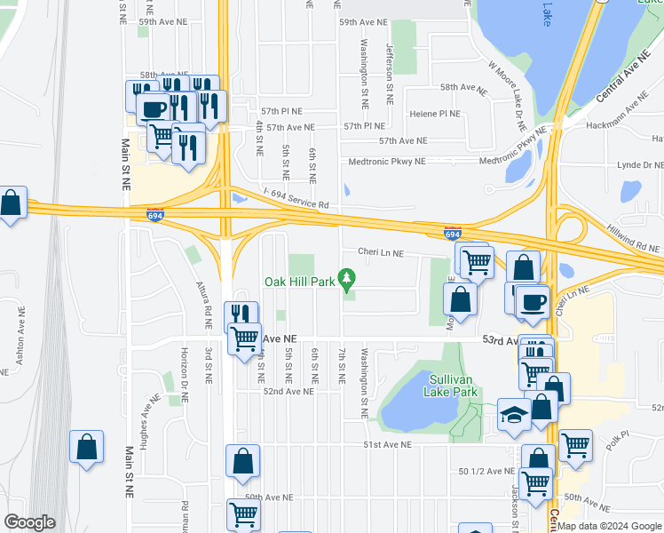 map of restaurants, bars, coffee shops, grocery stores, and more near 5460 7th Street Northeast in Fridley