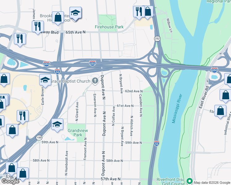 map of restaurants, bars, coffee shops, grocery stores, and more near 6206 North Colfax Avenue in Minneapolis