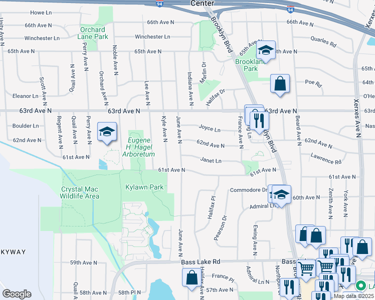 map of restaurants, bars, coffee shops, grocery stores, and more near 6136 June Avenue North in Minneapolis