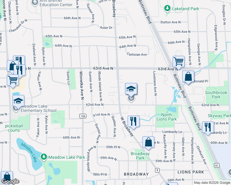 map of restaurants, bars, coffee shops, grocery stores, and more near 6241 West Broadway Avenue in Minneapolis