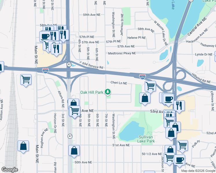 map of restaurants, bars, coffee shops, grocery stores, and more near 5460 7th Street Northeast in Fridley
