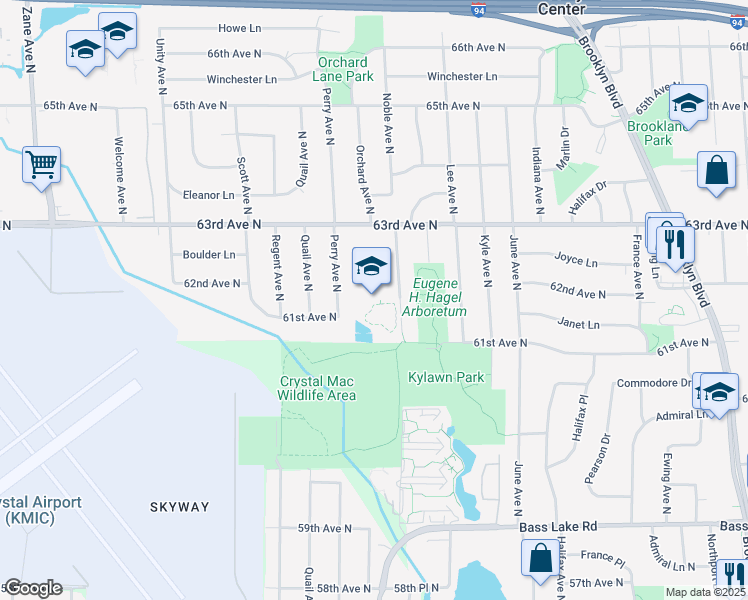 map of restaurants, bars, coffee shops, grocery stores, and more near 6201 Noble Avenue North in Brooklyn Center